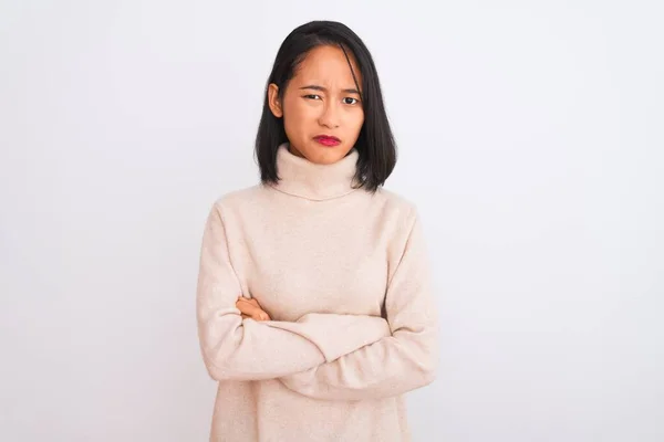 Ung Kinesisk Kvinna Bär Polotröja Som Står Över Isolerad Vit — Stockfoto