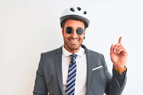 Jovem Homem Negócios Bonito Usando Capacete Bicicleta Óculos Sol Sobre — Fotografia de Stock