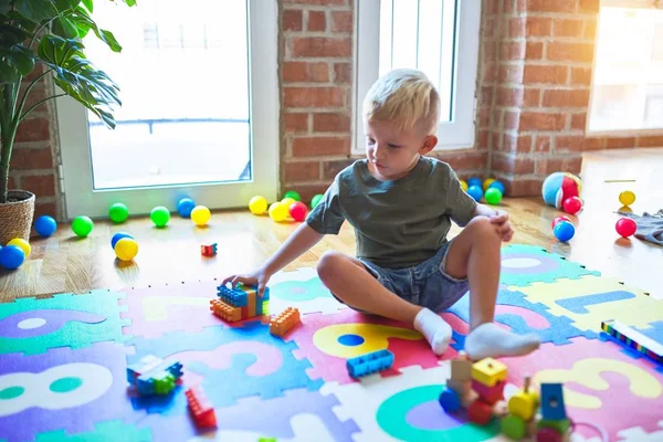 Young Caucasian Kid Playing Kindergarten Toys Preschooler Boy Happy Playroom — Stock Photo, Image