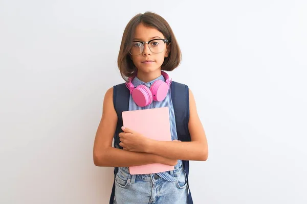 Estudante Criança Menina Usando Óculos Mochila Livro Fones Ouvido Sobre — Fotografia de Stock