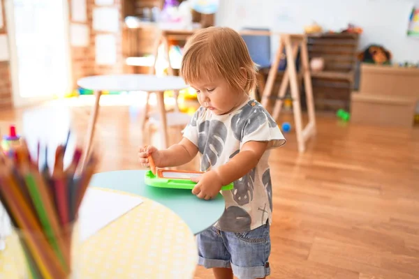 Adorable Toddler Drawing Using Digital Board Lots Toys Kindergarten — Stock Photo, Image