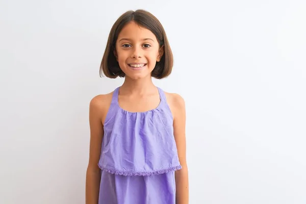 Молодая Красивая Девочка Носит Фиолетовое Повседневное Платье Стоя Изолированном Белом — стоковое фото