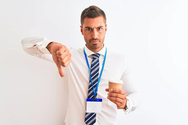 Jonge Knappe Zakenman Met Pass Koffie Drinken Geïsoleerde Achtergrond Met — Stockfoto