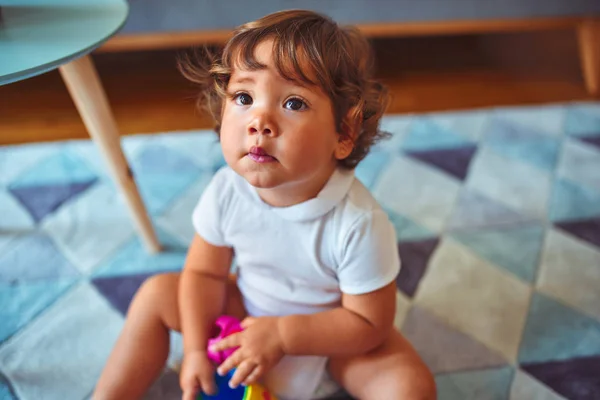 Beautiful Toddler Child Girl Wearing White Shirt Playing Carpet — Stock Photo, Image