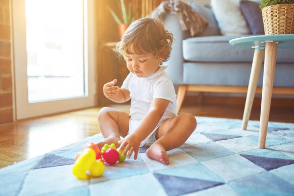 Beautiful Toddler Child Girl Playing Toys Carpet — Stock Photo, Image