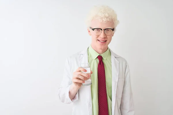 Albino Scientist Man Wearing Glasses Holding Glass Water Isolated White — Stock Photo, Image