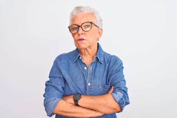 Senior Grey Haired Woman Wearing Denim Shirt Glasses Isolated White — Stock Photo, Image