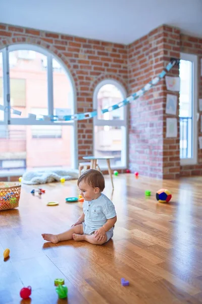 Adorable Toddler Sitting Floor Playing Toys Kindergarten — Stock Photo, Image