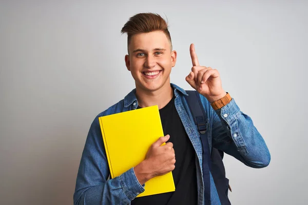 Jovem Estudante Vestindo Camisa Jeans Caderno Mochila Sobre Fundo Branco — Fotografia de Stock