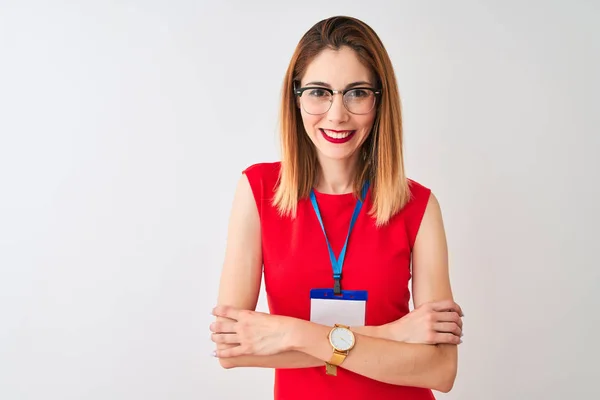 Die Rothaarige Geschäftsfrau Auf Der Konferenz Trägt Einen Ausweis Vor — Stockfoto