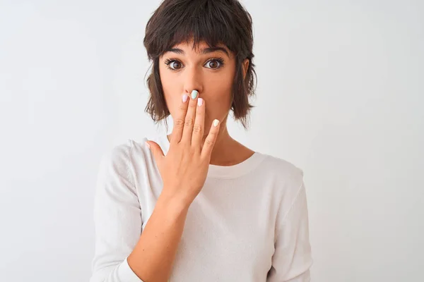 Giovane Bella Donna Indossa Casual Shirt Piedi Sopra Isolato Fondo — Foto Stock