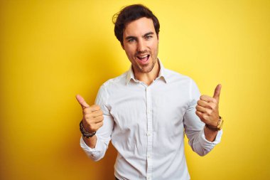 Zarif gömlekli genç yakışıklı işadamı, izole edilmiş sarı arka plan başarısı tabelasının üzerinde duruyor. Elleriyle olumlu jest yapıyor, gülümsüyor ve mutlu. Neşeli ifade ve kazanan jest.