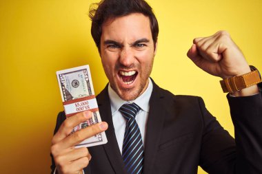 Takım elbiseli genç yakışıklı işadamı, dolarları izole edilmiş sarı arka planda tutuyordu. Sinirli ve bıkkın bir şekilde bağırıyordu. Öfkeyle bağırıyordu.