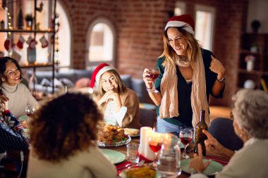 Mutlu ve kendinden emin gülümseyen güzel bir kadın grubu. Her birinin elinde şarap bardağıyla evde Noel 'i kutlayan konuşmaları var.