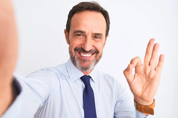 Middle Age Businessman Wearing Tie Make Selfie Standing Isolated White — Stock Photo, Image