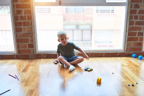 Young Caucasian Kid Playing Kindergarten Toy Cars Preschooler Boy Happy — ストック写真