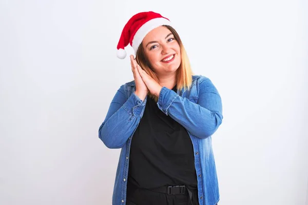 Joven Hermosa Mujer Con Sombrero Navidad Santa Pie Sobre Fondo —  Fotos de Stock