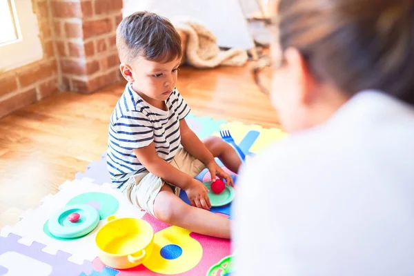 Beautiful Toddler Boy Sitting Puzzle Playing Plastic Plates Fruits Vegetables — Stock Photo, Image