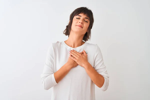 Mulher Bonita Jovem Vestindo Shirt Casual Sobre Fundo Branco Isolado — Fotografia de Stock