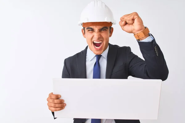 Joven Arquitecto Guapo Con Casco Sosteniendo Pancarta Sobre Fondo Blanco —  Fotos de Stock