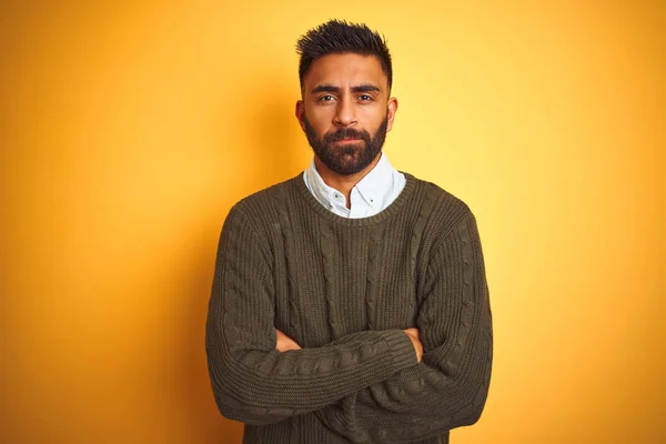 Young Indian Man Wearing Green Sweater Shirt Standing Isolated Yellow — 스톡 사진