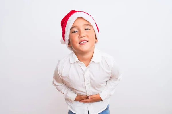 Beautiful Kid Boy Wearing Christmas Santa Hat Standing Isolated White — Stock Photo, Image