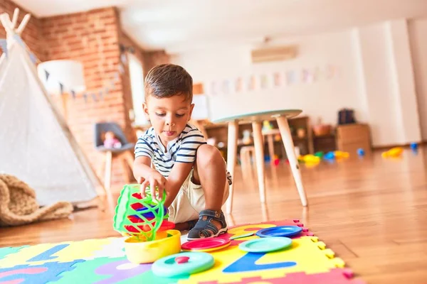 Beautiful Toddler Boy Sitting Puzzle Playing Meals Plastic Plates Fruits — Stock Photo, Image