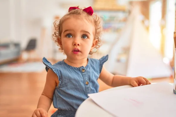 Beautiful Caucasian Infant Playing Toys Colorful Playroom Happy Playful Drawing — Stock Photo, Image