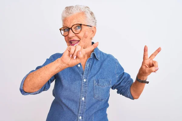 Senior Grey Haired Woman Wearing Denim Shirt Glasses Isolated White — Stock Photo, Image