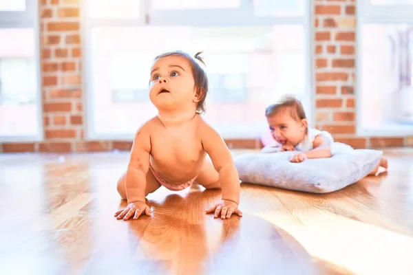 Beautiful Infant Happy Girls Playing Together Home Kindergarten Sitting Wooden — Stock Photo, Image