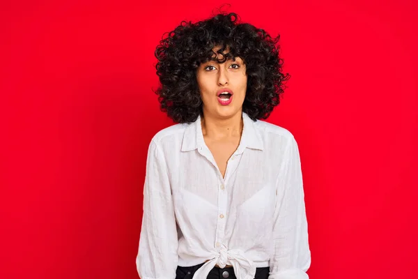 Young Arab Woman Curly Hair Wearing White Casual Shirt Isolated — Stock Photo, Image