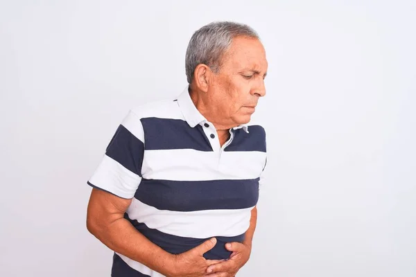 Senior Gråhårig Man Bär Casual Randig Polo Stående Över Isolerad — Stockfoto