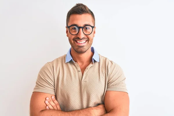 Ung Vacker Man Bär Glasögon Över Isolerade Bakgrund Glada Ansikte — Stockfoto