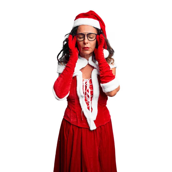 Mulher Meia Idade Vestindo Traje Papai Noel Com Mão Cabeça — Fotografia de Stock