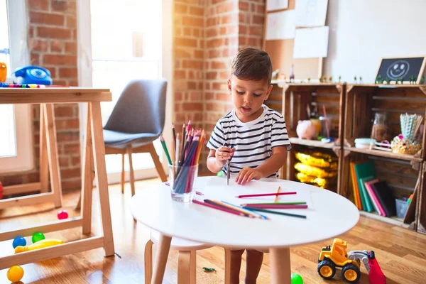 Beautiful Toddler Boy Drawing Cute Draw Using Colored Pencils Kindergarten — Stock Photo, Image