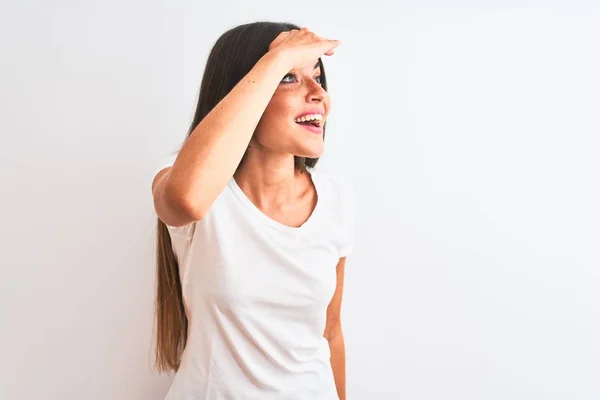 Mulher Bonita Nova Vestindo Shirt Casual Sobre Fundo Branco Isolado — Fotografia de Stock