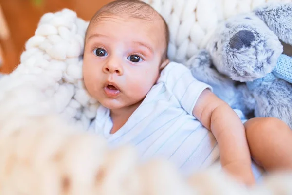 Adorable Baby Lying Blanket Floor Home Newborn Relaxing Resting Comfortable — Stock Photo, Image