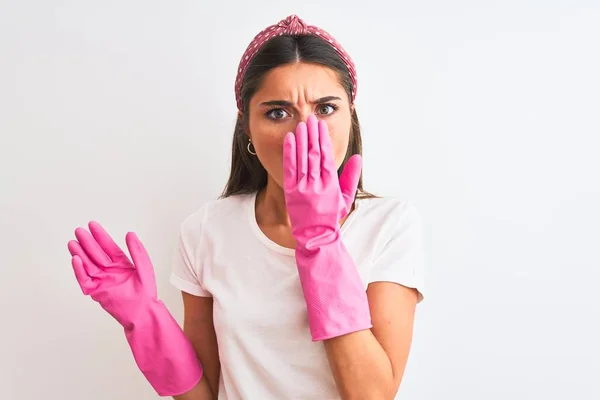 Junge Schöne Frau Mit Sauberen Handschuhen Die Über Isoliertem Weißem — Stockfoto