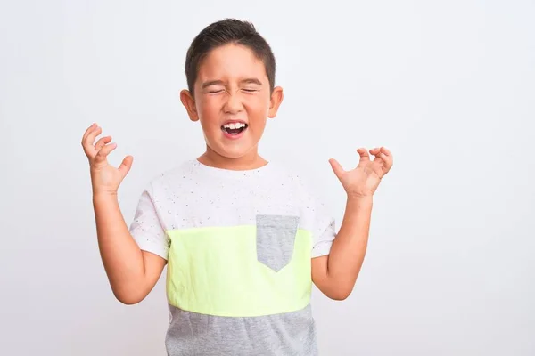 Menino Bonito Vestindo Camiseta Casual Sobre Fundo Branco Isolado Celebrando — Fotografia de Stock