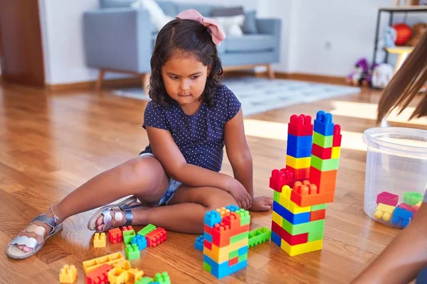 Beautiful Toddler Girl Playing Construction Blocks Kindergarten — Stock Photo, Image