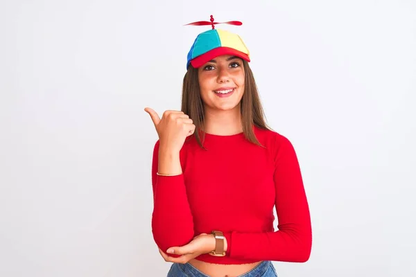 Young Beautiful Girl Wearing Fanny Cap Propeller Standing Isolated White — Stock Photo, Image