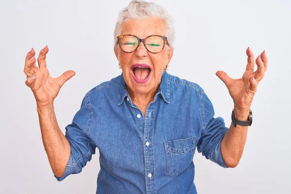 Senior Grey Haired Woman Wearing Denim Shirt Glasses Isolated White — Stock Photo, Image