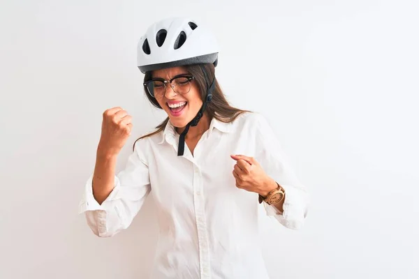 Gyönyörű Üzletasszony Visel Szemüveget Kerékpáros Sisak Felett Elszigetelt Fehér Háttér — Stock Fotó