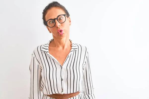 Middle Age Businesswoman Wearing Striped Dress Glasses Isolated White Background — Stock Photo, Image