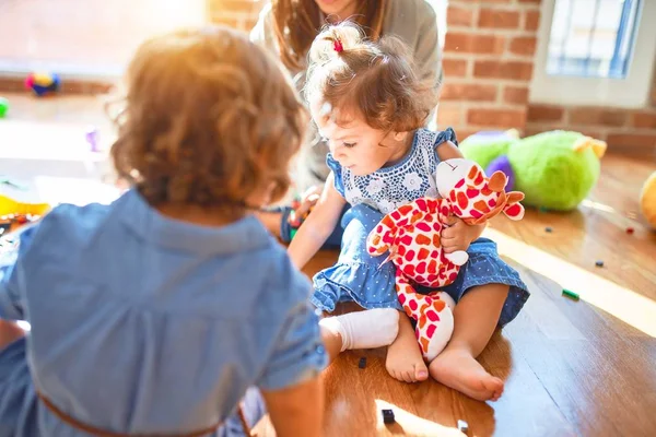 Beautiful Teacher Group Toddlers Playing Lots Toys Kindergarten — Stock Photo, Image