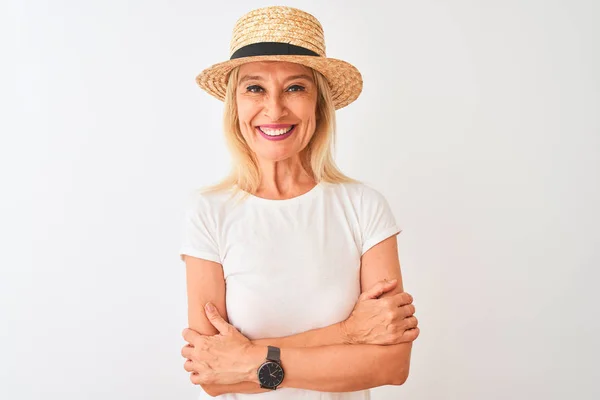 Donna Mezza Età Indossa Casual Shirt Cappello Piedi Sopra Isolato — Foto Stock