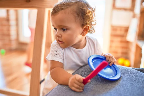 Adorable Toddler Playing Plastic Dishes Cutlery Lots Toys Kindergarten — Stock Photo, Image