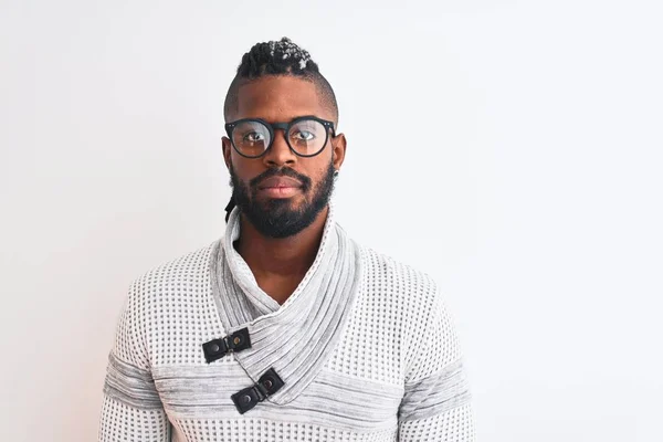 Afrikanisch Amerikanischer Mann Mit Grauem Pullover Und Brille Vor Isoliertem — Stockfoto
