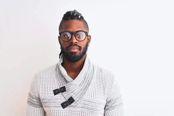 Hombre Afroamericano Con Suéter Gris Gafas Sobre Fondo Blanco Aislado —  Fotos de Stock