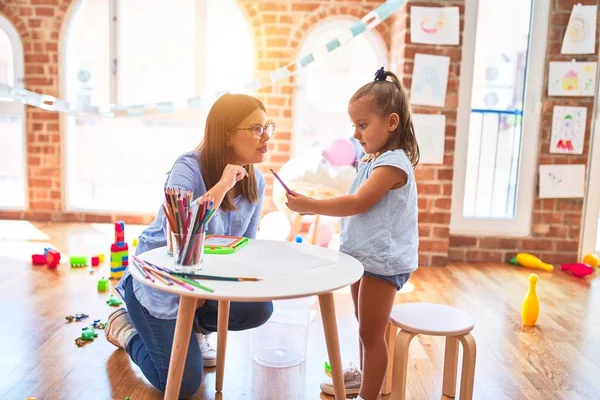 Caucasian Girl Kid Playing Learning Playschool Female Teacher Mother Daughter — Stock Photo, Image